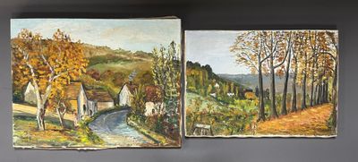 GUY BONVALLET Chemin forestier en automne. Huile sur toile s…