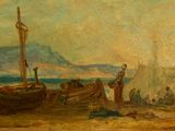 painting of a painting of a man standing on a beach next to a body of water
