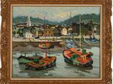 painting of boats in a harbor with a town in the background