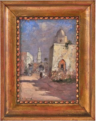 une peinture à l'huile représentant une scène de rue avec une église à l'arrière-plan