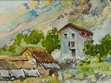 une peinture d'une maison au milieu d'un champ