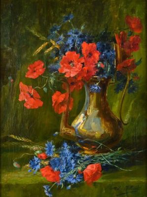 peinture représentant des fleurs rouges et bleues dans un vase en cuivre sur fond vert