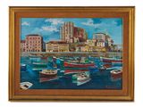 painting of boats in a harbor with buildings in the background