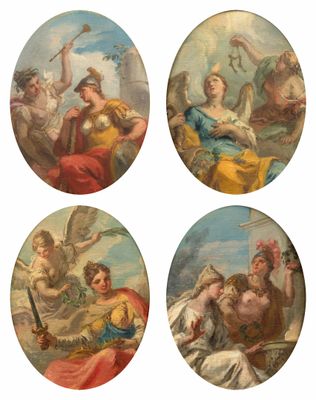 quatre tableaux ronds représentant des femmes et des hommes sur fond blanc