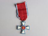 a close up of a medal on a white surface with a red ribbon