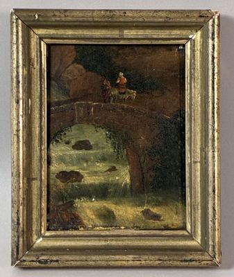 an image of a painting of a man riding a horse over a bridge