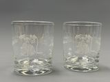 pair of etched glass tumblers with a design of elephants and flowers