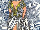 a drawing of a woman in a dress on a blue and white background