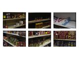 plusieurs photos montrant divers produits alimentaires disposés sur les rayons d'un magasin