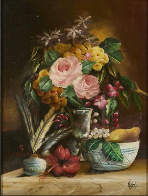 painting of a still life of flowers and fruit on a table