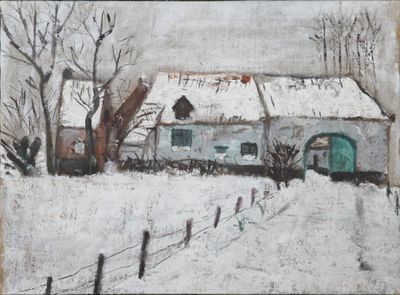 an oil painting of a house in the snow with a fence