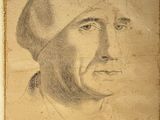 an old drawing of a man with a hat on his head