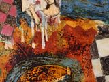 a painting of a man riding a horse with a dog on it