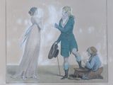 a drawing of a man and a woman talking to a man