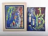 painting of a couple of people standing in a forest next to a painting of a man and a woman