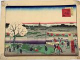 an image of a painting of people in a park with a pagoda in the background