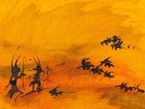 une image représentant un tableau où l'on voit un groupe d'oiseaux survolant un champ