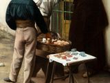 a painting of a man selling food to a group of people