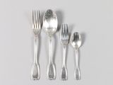 four forks and two spoons on a white surface