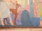 a painting of a woman and a dog on a wall