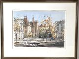 framed watercolor painting of a city street scene with people crossing the street