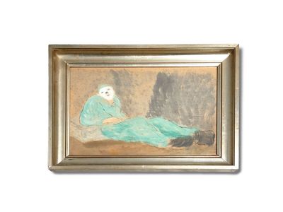 tableau représentant une femme en robe bleue assise sur un canapé