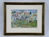 tableau représentant un paysage avec des arbres et des buissons, dans un cadre doré