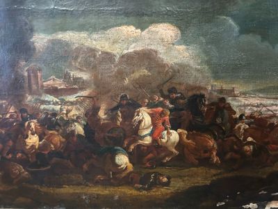an image of a painting of a military battle with men on horses