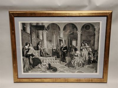 un dessin en noir et blanc représentant un groupe de personnes dans un bâtiment