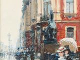 tableau représentant une femme marchant dans la rue avec un parapluie