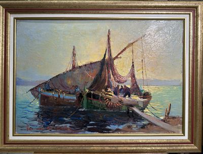 une peinture représentant un bateau dans l'eau avec des personnes à bord