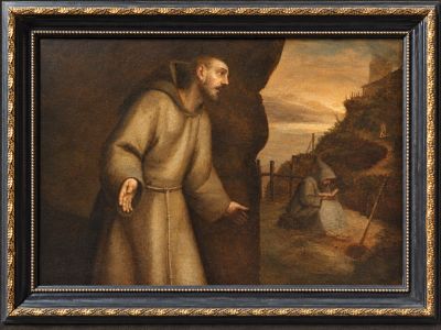 an old painting of a man in a monk ' s robes standing in front of a stone wall