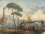 tableau représentant des personnes sur un bateau au milieu d'un plan d'eau, avec un phare en arrière-plan