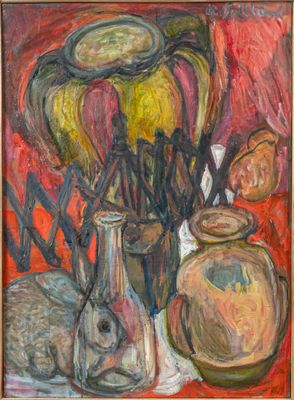 a painting of vases and other objects on a table