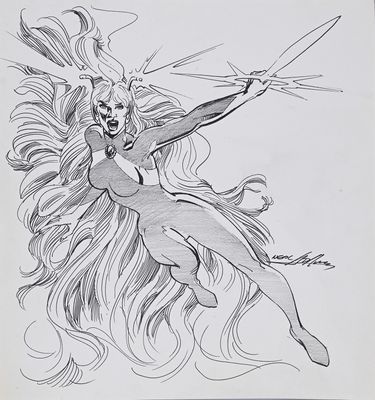 pencil drawing of a woman with long hair holding a pair of scissors