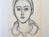 drawing of a woman ' s face in black and white with a bird perched on her head