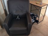 a small dog sitting in a chair in a living room