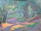 peinture au pastel représentant un sentier dans une forêt avec des arbres