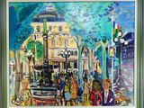 tableau représentant une scène de rue urbaine avec des personnages et une fontaine