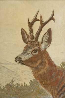 painting of a deer with antlers standing in a field