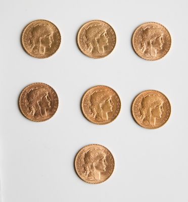 8 Lot de 7 pièces de 20 Francs coq, (4 x 1905- 3 x 1914), 45…