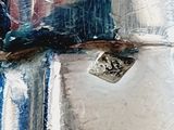 a close up of a painting of a bird on a tree branch