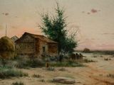 a painting of a farm scene with hay bales and a barn