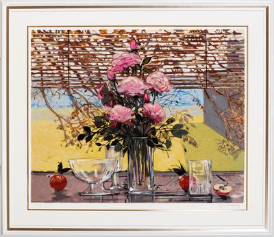 une peinture de fleurs dans un vase sur une table