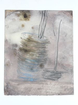 a picture of a painting of a vase with a plant in it