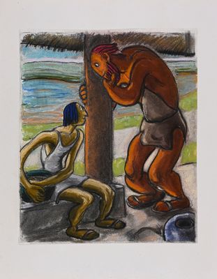 tableau représentant un homme et une femme adossés à un arbre