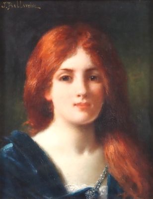 tableau représentant une femme aux cheveux roux vêtue d'une robe bleue