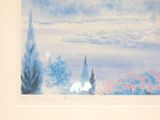 a picture of a painting of a white rabbit in the snow