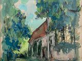 une peinture à l'huile représentant une maison dans un champ avec des arbres en arrière-plan