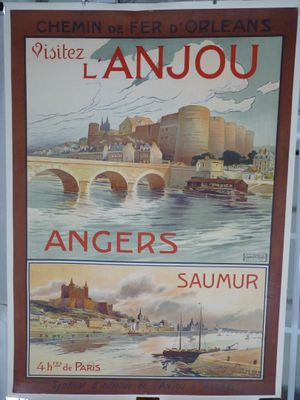 affiches représentant une rivière et un pont, avec un château en arrière-plan